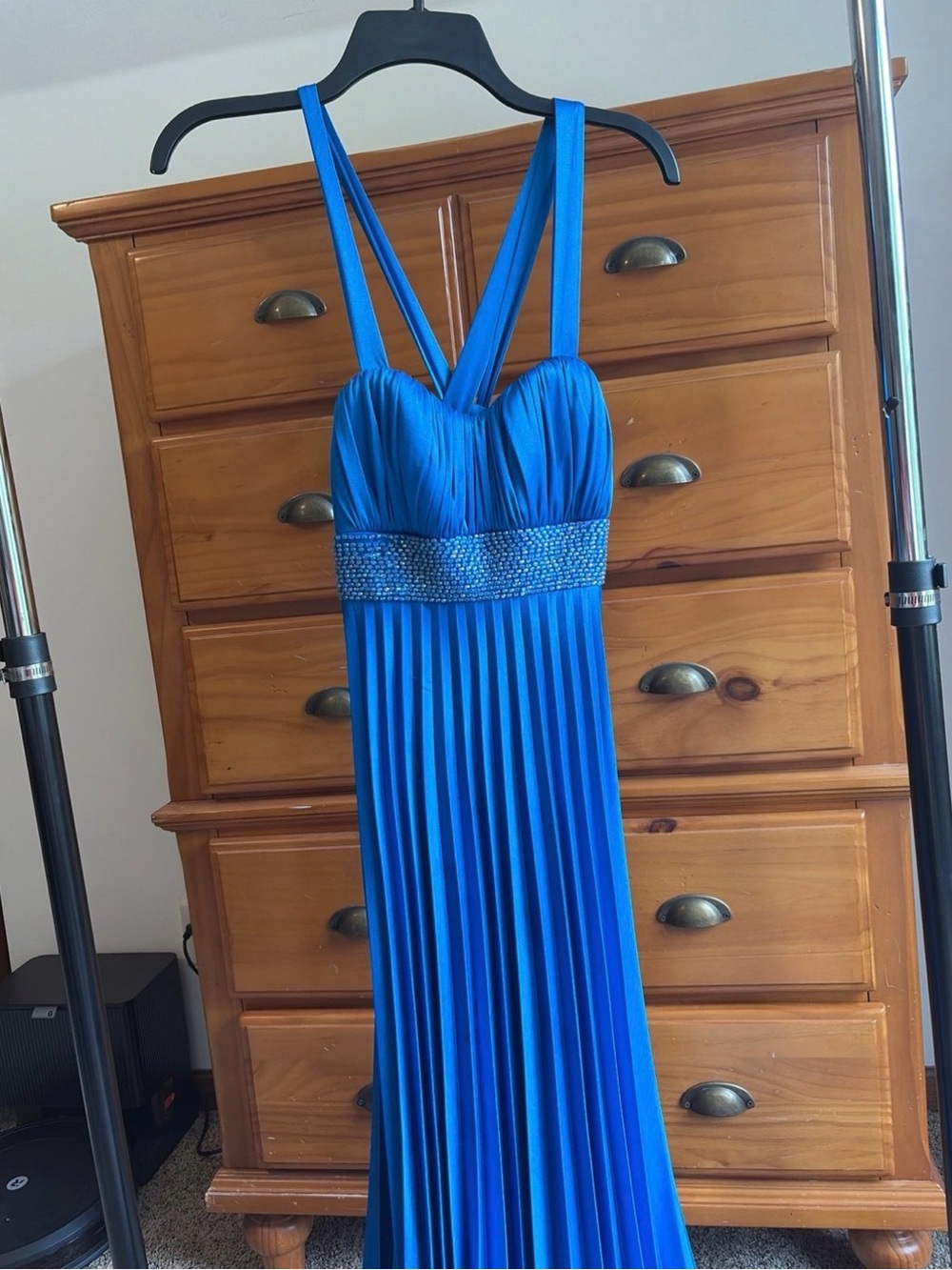 Royal Blue Pleated Evening Gown with Beaded Waist